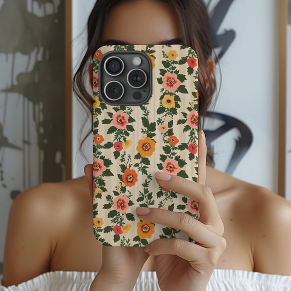 Protective iPhone Case Wildflower Cottagecore Phone Case Floral Striped Spring Summer Art IP15 Magnetic MagSafe Compatible