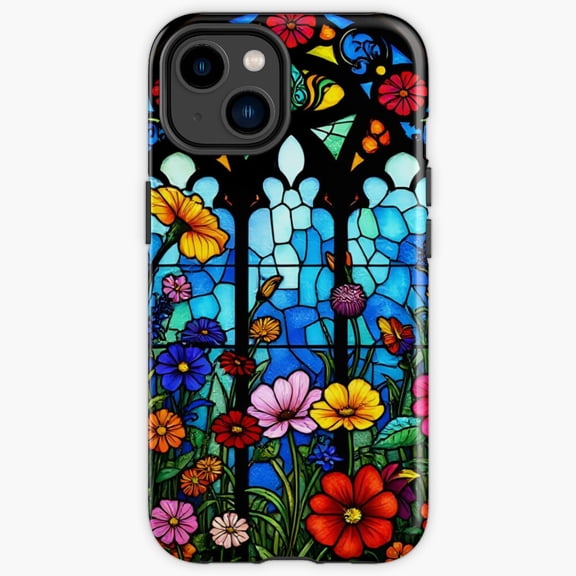 Protective iPhone Case Wildflowers Faux Stained Glass Window Effect Mosaic Glass Heavy Duty Shockproof Hard Shell IP13/14 Magnetic MagSafe Compatible