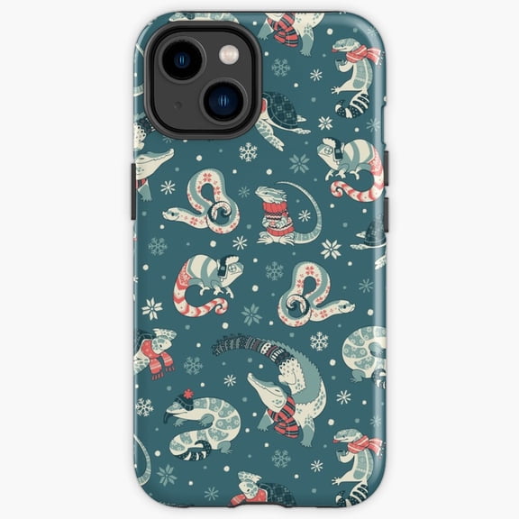 Protective iPhone Case Winter Herps Dark Blue Reptile Amphibian Pattern Phone Case IP13/14 Magnetic MagSafe Compatible