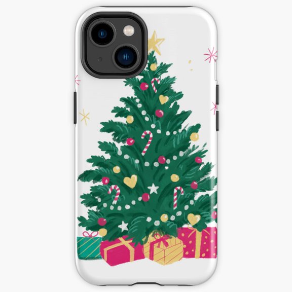 Protective iPhone Case Winter Tree Dark Green White Backdrop Pine Scenery Cover IP13/14 Magnetic MagSafe Compatible