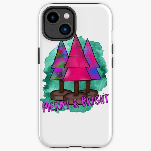 Protective iPhone Case Winter Trees Merry Bright Country Landscape Typography Shield IP15 Magnetic MagSafe Compatible