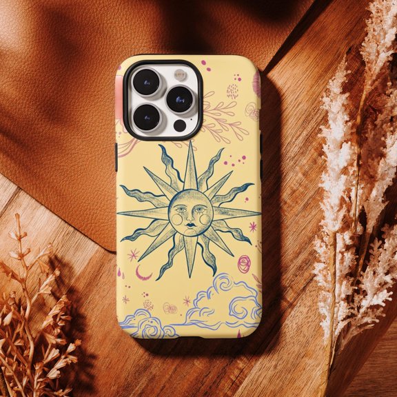 Protective iPhone Case Yellow Summer Beachy Celestial Sun Moon Phase Stars Collage Case IP16 Magnetic MagSafe Compatible