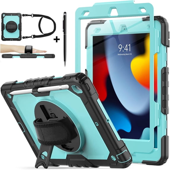 Protecvtive Case for iPad 10.2 inch 2021 2020 2019 Full Body Shockproof Cover with Screen Protector Pencil Holder Stand Hand Shoulder Strap Stylus Pen