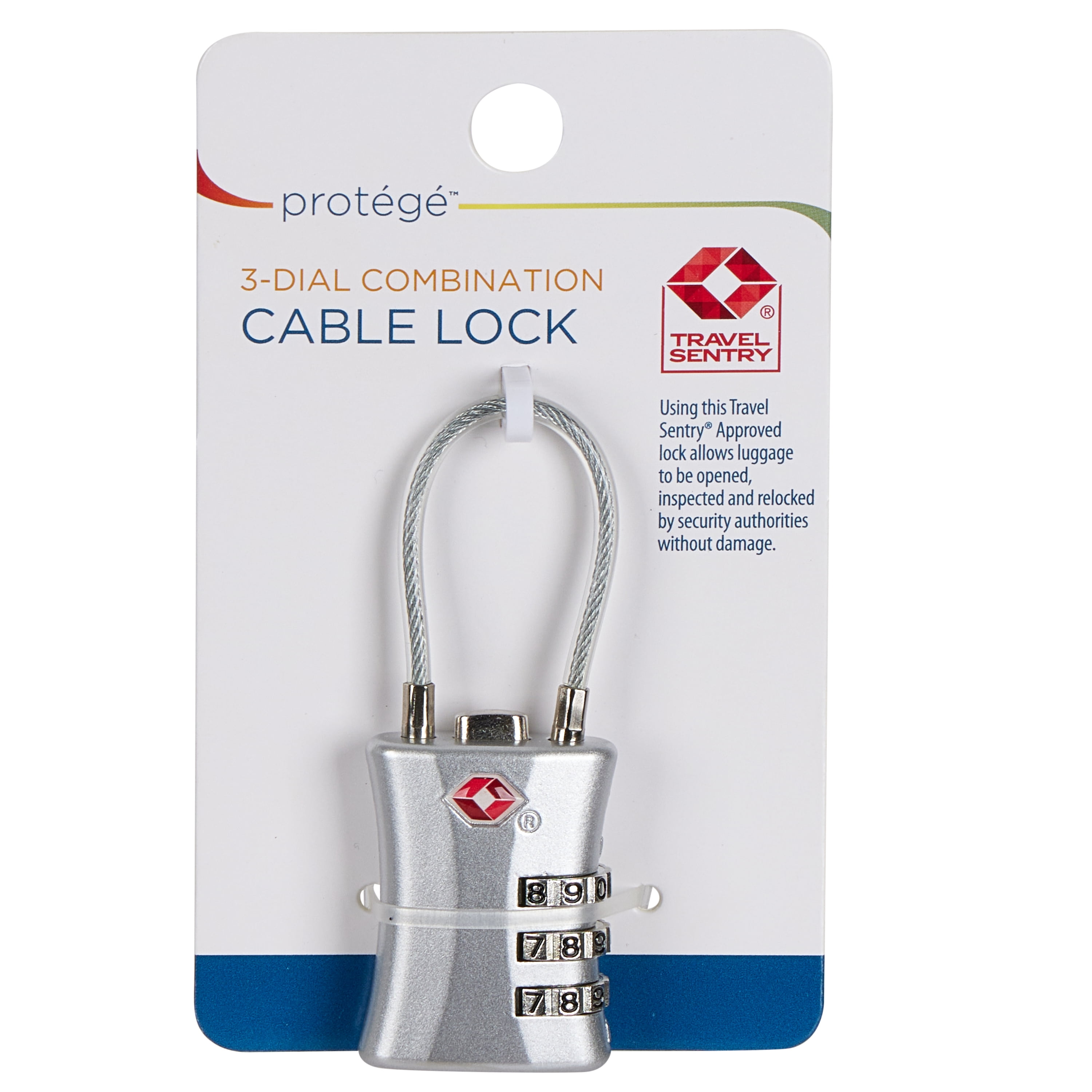 Protege 3-Dial Combination Cable Luggage Lock, Silver, TSA
