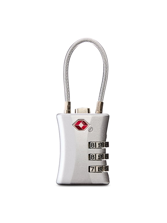 3-Dial Combination Cable Luggage Lock, Zinc Alloy, TSA Approved, Silver