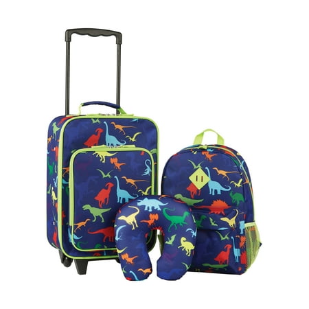 Protege 18” Kids 3-Piece Dinosaur Luggage Set Backpack with Neck Pillow, Blue