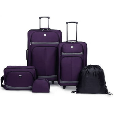 Protege 5 Piece Luggage Set, Includes Check, Carry-on Size, Tote, Toiletry Bag and Cinch Bag, Purple