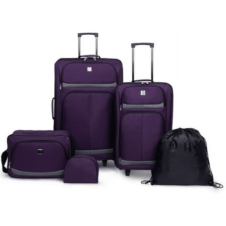 Protege 5 Piece Luggage Set, Includes Check, Carry-on Size, Tote, Toiletry Bag and Cinch Bag, Purple
