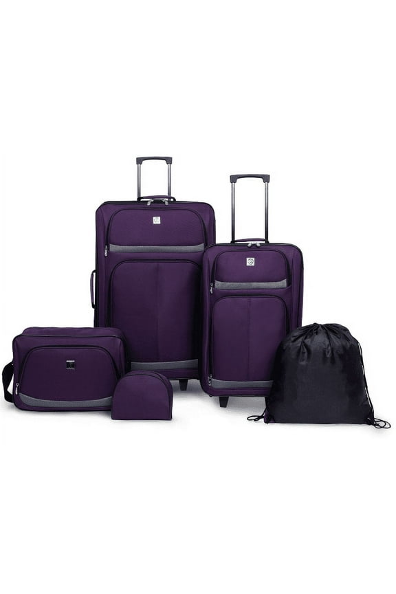 5 Piece Luggage Set, Includes Check, Carry-on Size, Tote, Toiletry Bag and Cinch Bag, Purple