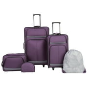Protege 5-Piece Purple Softside Travel Luggage Set with 2 In-Line Skate Wheels and Organizer Pockets, Includes 28" Upright, 21" Upright, a Boarding tote, a Toiletry Kit, and a Cinch Sack