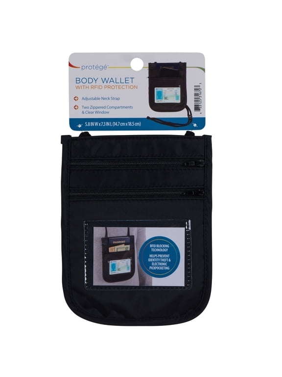 Protg Travel Neck-Body Wallet Passport Case, Black Nylon, RFID Blocking
