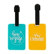 Protege Mini 2 Pack PVC Luggage Tag, "Bon Voyage / Explore", Teal & Orange