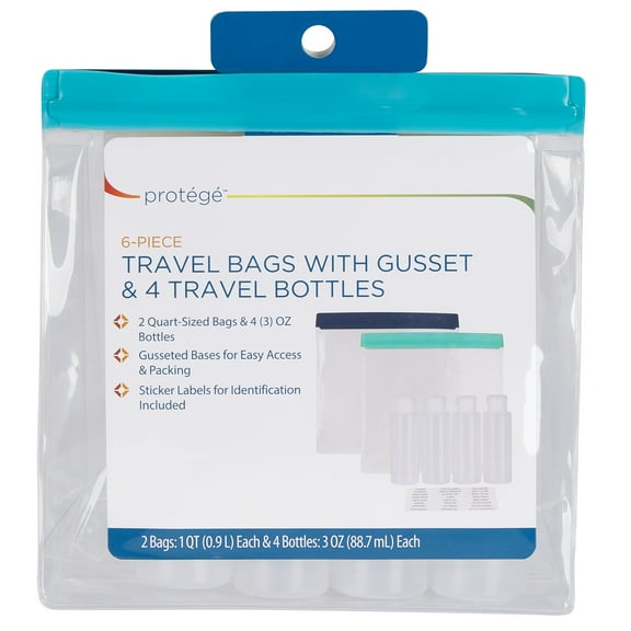 Protege Plastic Dual Travel Bags with Gusset and 4 Travel Bottles