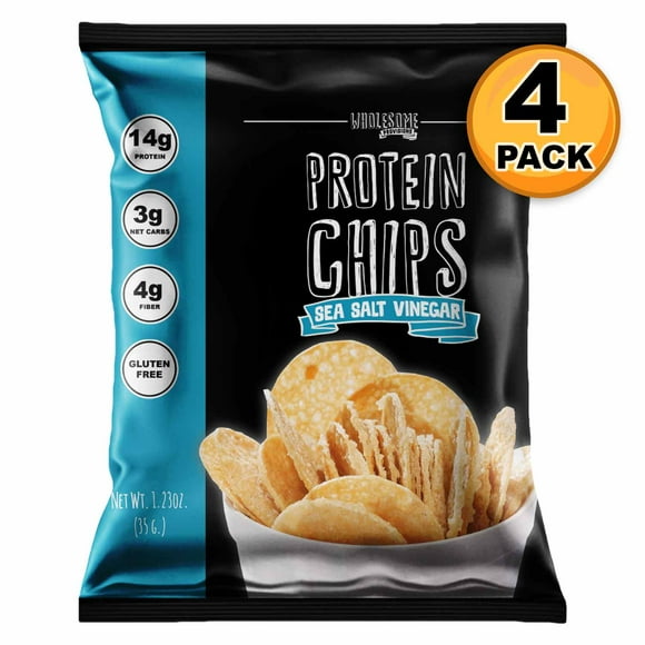 Protein Chips, 14g Protein, 3g-4g Net Carbs, Gluten Free, Keto Snacks, Low Carb Snacks, Protein Crisps, Keto-Friendly, Made in USA (Sea Salt Vinegar, 4 Pack)