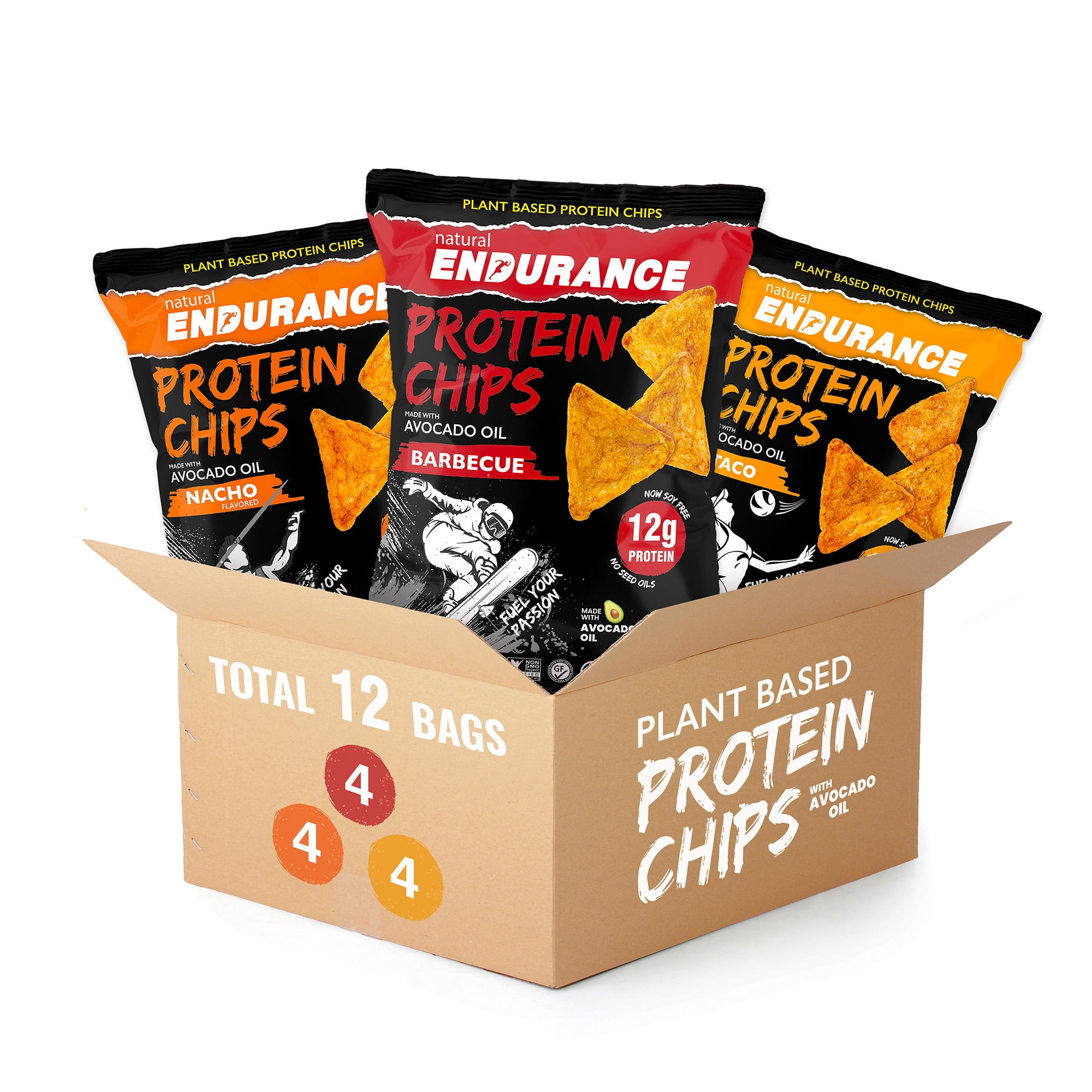 Natural Endurance Plant Based Protein Chips, Gluten-Free Healthy Protein Snacks, 12g Protein, 3 Flavor Mix, 1.38 oz, 12-Pack