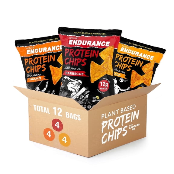Natural Endurance Plant Based Protein Chips, Gluten-Free Healthy Protein Snacks, 12g Protein, 3 Flavor Mix, 1.38 oz, 12-Pack