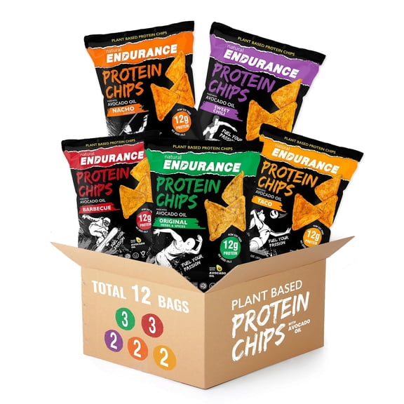 Natural Endurance Plant Based Protein Chips, Gluten-Free Healthy Protein Snacks, 12g Protein, 5 Flavor Mix, 1.38 oz, 12-Pack