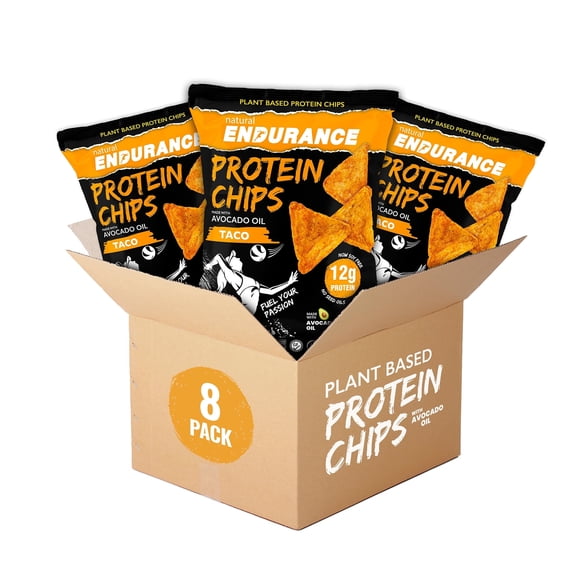 Natural Endurance Plant Based Protein Chips, Gluten-Free Healthy Protein Snacks, 12g Protein, Taco, 1.38 oz, 8-Pack