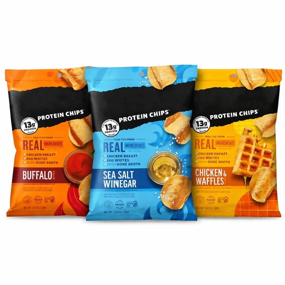 Protein Chips Variety Pack, Chicken Chips Snack, Sea Salt & Vinegar, Buffalo Style & Chicken & Waffles, High Protein Snack, 1.34 oz Bags (3 Pack)