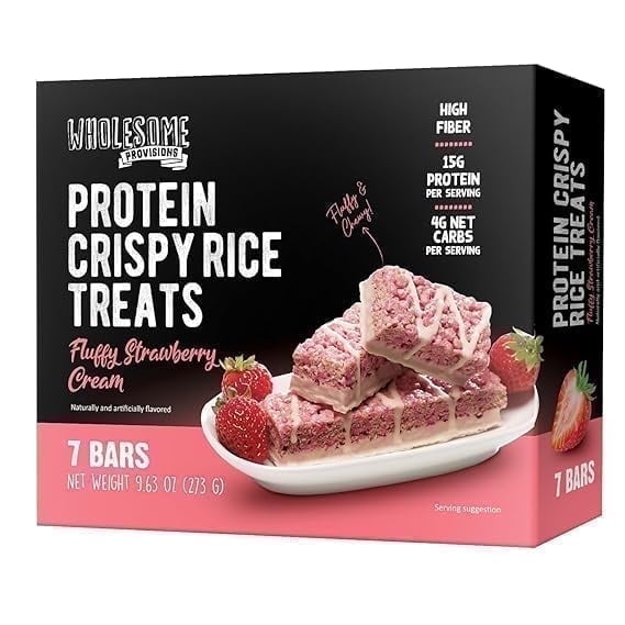 Protein Crispy Rice Treats, 15g Protein, 3g-7g Net Carbs, Low Carb, Fluffy, Soft, Chewy, Gluten Free, High Fiber, Keto-Friendly, No Aftertaste (Fluffy Strawberry Cream, 1 Pack)