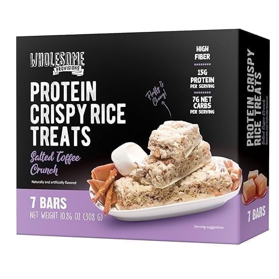 Protein Crispy Rice Treats, 15g Protein, 3g-7g Net Carbs, Low Carb, Fluffy, Soft, Chewy, Gluten Free, High Fiber, Keto-Friendly, No Aftertaste (Salted Toffee Crunch, 1 Pack)