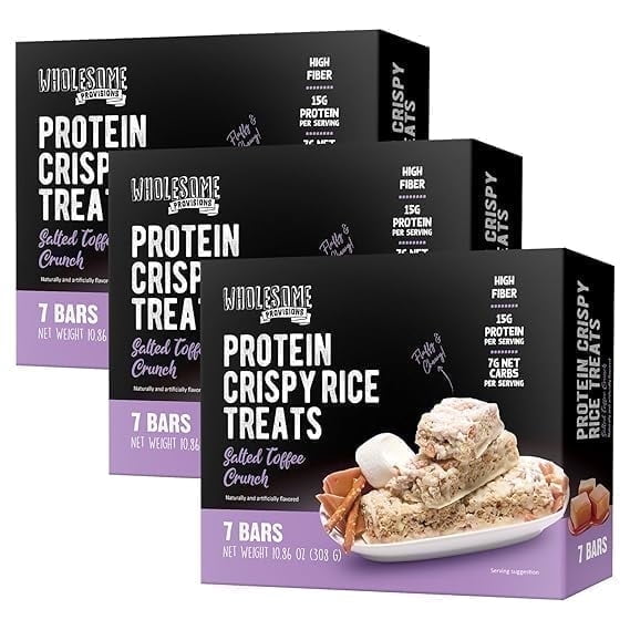 Protein Crispy Rice Treats, 15g Protein, 3g-7g Net Carbs, Low Carb, Fluffy, Soft, Chewy, Gluten Free, High Fiber, Keto-Friendly, No Aftertaste (Salted Toffee Crunch, 3 Pack)