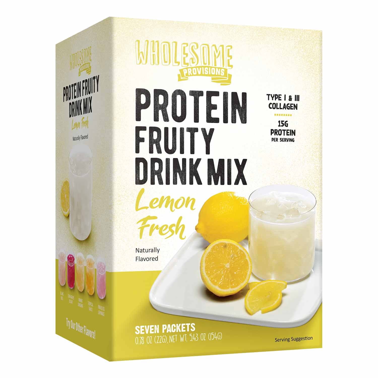 Protein Fruit Drink Mix, 15g Protein, Low Sugar, Collagen + Prebiotics, No Artificial Colors or Dyes, Refreshing by Wholesome Provisions(Pack of 5, Lemon)