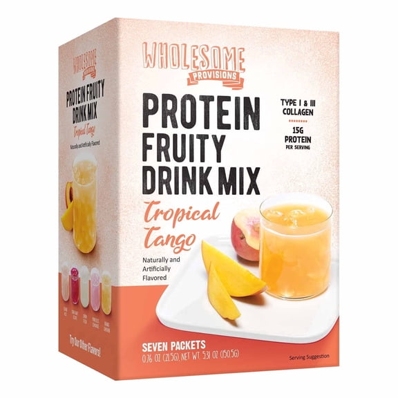 Protein Fruit Drink Mix, 15g Protein, Low Sugar, Collagen + Prebiotics, No Artificial Colors or Dyes, Refreshing by Wholesome Provisions(Pack of 5,Peach Mango)