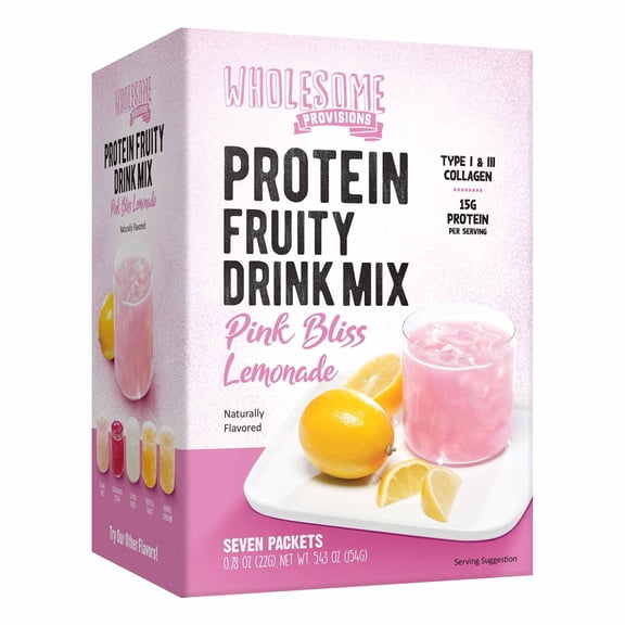 Protein Fruit Drink Mix, 15g Protein, Low Sugar, Collagen + Prebiotics, No Artificial Colors or Dyes, Refreshing by Wholesome Provisions(Pack of 5, Pink Lemonade)