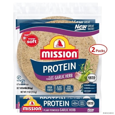 Protein Garlic Herb Tortillas, 6 Count, 9 Oz, 3G Net Carbs, High Fiber, Low Carb, Keto Certified, Vegan - 2 Packs (12 Tortilla Wraps)
