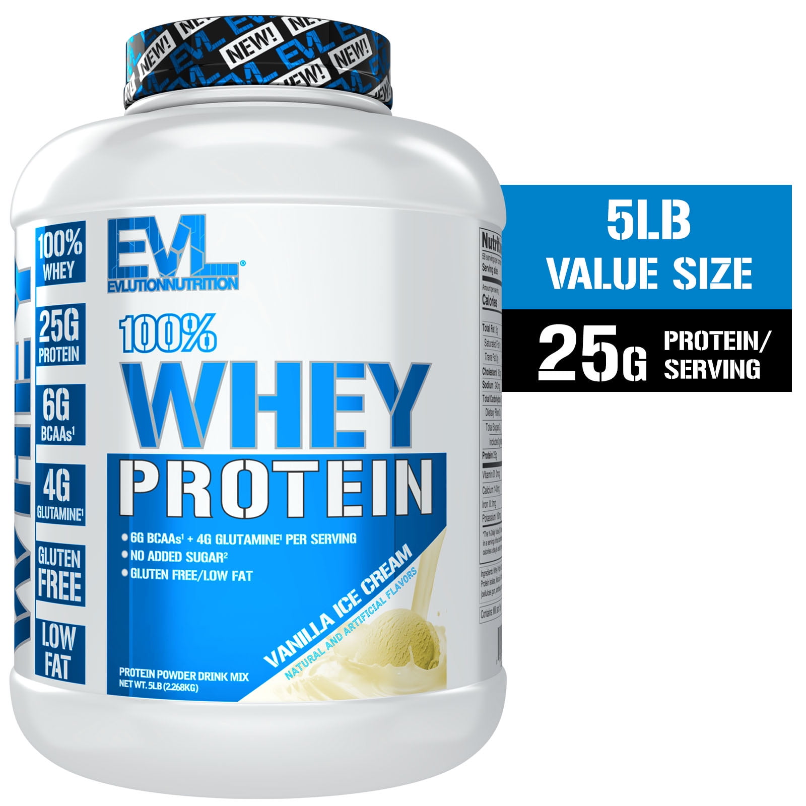 Protein Powder 25g - Evlution Nutrition 100% Whey Protein Powder 5 LB - No Sugar Added, Low Carb, Gluten Free - EVL Fast Absorbing Vanilla Protein Powder with BCAA and Glutamine