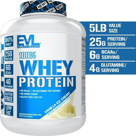 Protein Powder 25g - Evlution Nutrition 100% Whey Protein Powder 5 LB - No Sugar Added, Low Carb, Gluten Free - EVL Fast Absorbing Vanilla Protein Powder with BCAA and Glutamine
