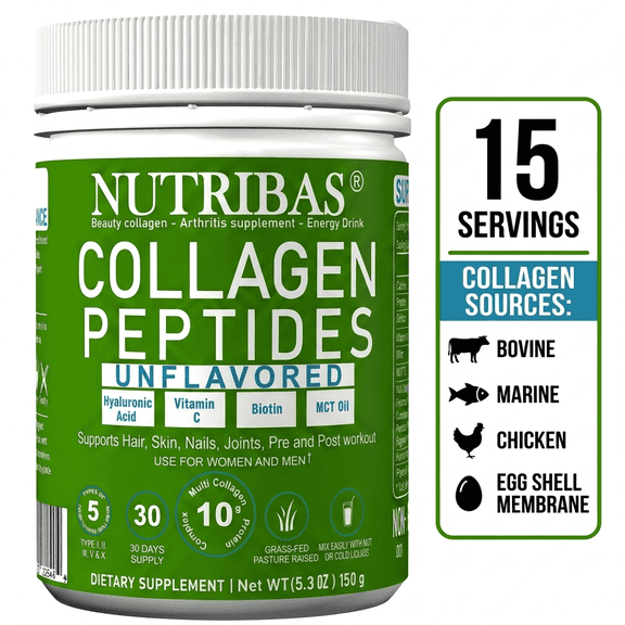 Nutribas Collagen Powder, with Vitamins, Keto & Gluten-Free, Hair Nails Skin Protein Supplement, Unflavored, 5.3 oz