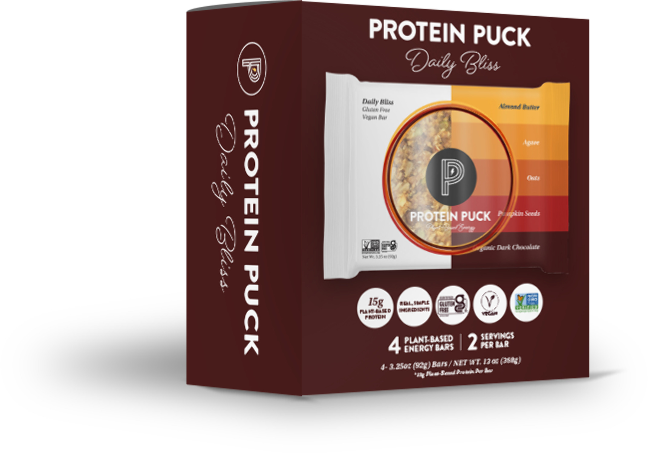 Protein Puck Vegan Protein Bars Almond Butter, Dark Chocolate Flavor