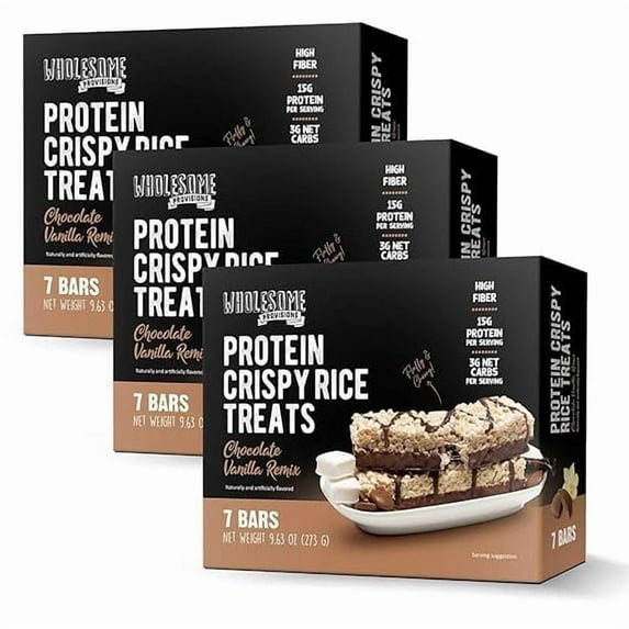 Protein Crispy Rice Treats, 15g Protein, 3g-7g Net Carbs, Low Carb, Fluffy, Soft, Chewy, Gluten Free, High Fiber, Keto-Friendly, No Aftertaste (Chocolate Vanilla Remix, 3 Pack)