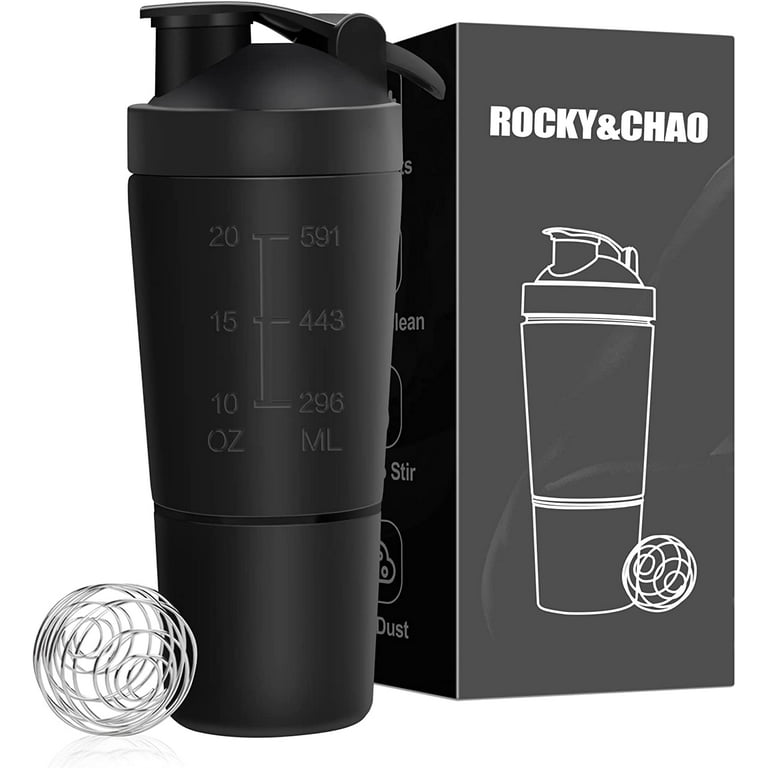 Protein Shaker Bottle 700 ml with Mixball & Powder Compartment 200 mL, Metal Shaker Leak-Proof Fitness Bottle Shaker(Black), Size: 700ml Shaker Bottle
