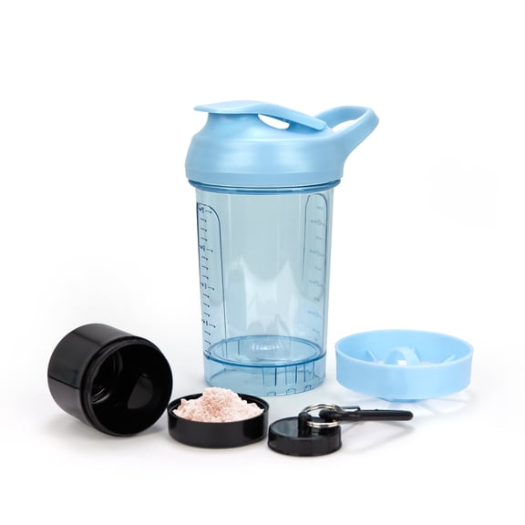 Protein Shaker Bottle with Mixing Net, 14 oz, 1 Pack with Powder Container and Funnel, Leak-Proof Lid, Wide Mouth, BPA Free, Heavy Duty PET Material, Blue