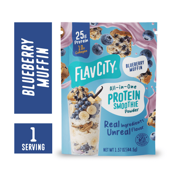 FlavCity Single Serve Whey Protein Powder - Blueberry Muffin - 25g Protein All-in-One Smoothie - 1.57oz