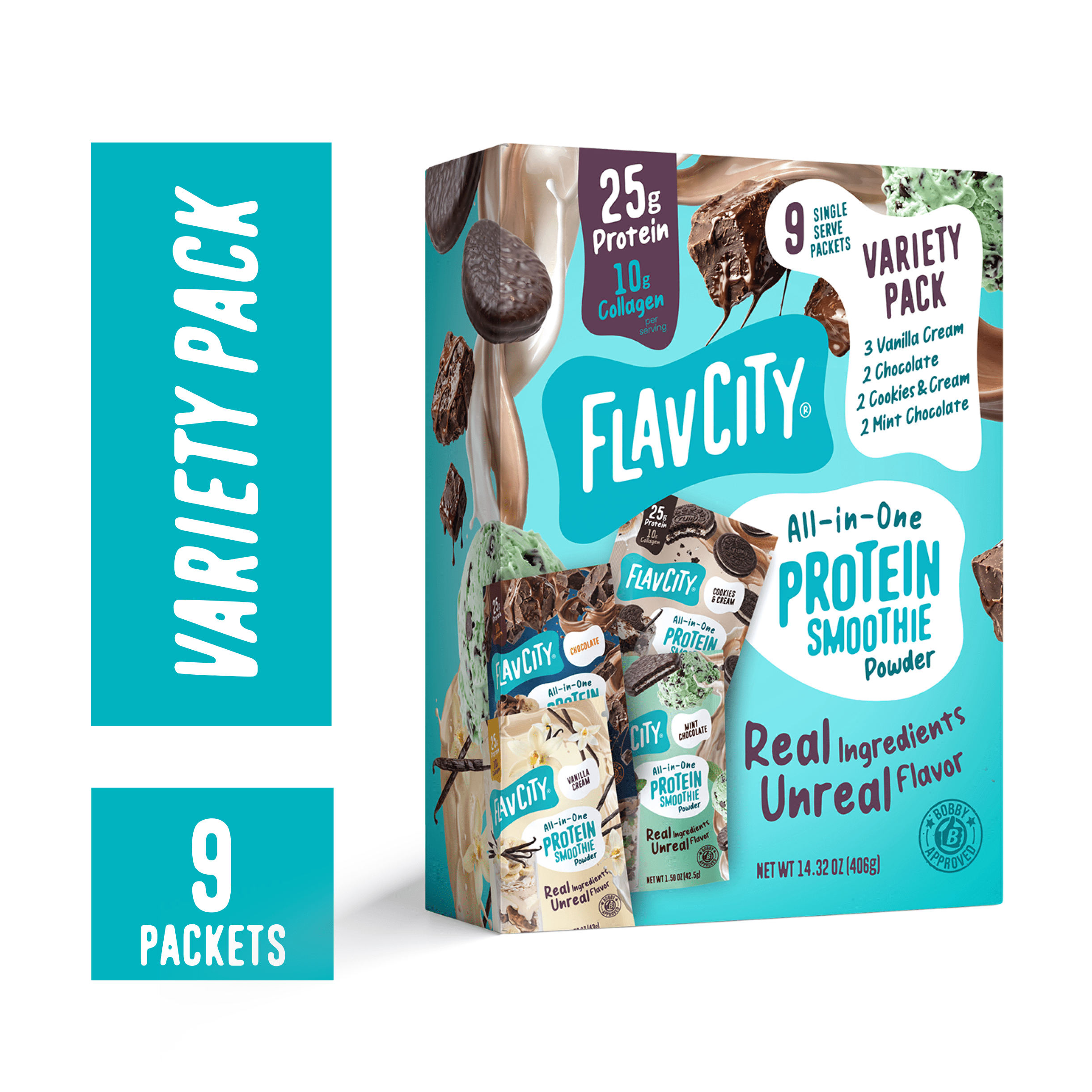 FlavCity Whey Protein Powder Variety Pack - 25g Protein Single Serve Smoothie - 4 Flavors, 9 Count
