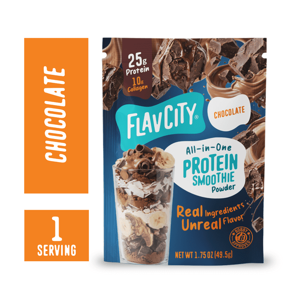 FlavCity Single Serve Whey Protein Powder - Chocolate - 25g Protein All-in-One Smoothie - 1.75oz