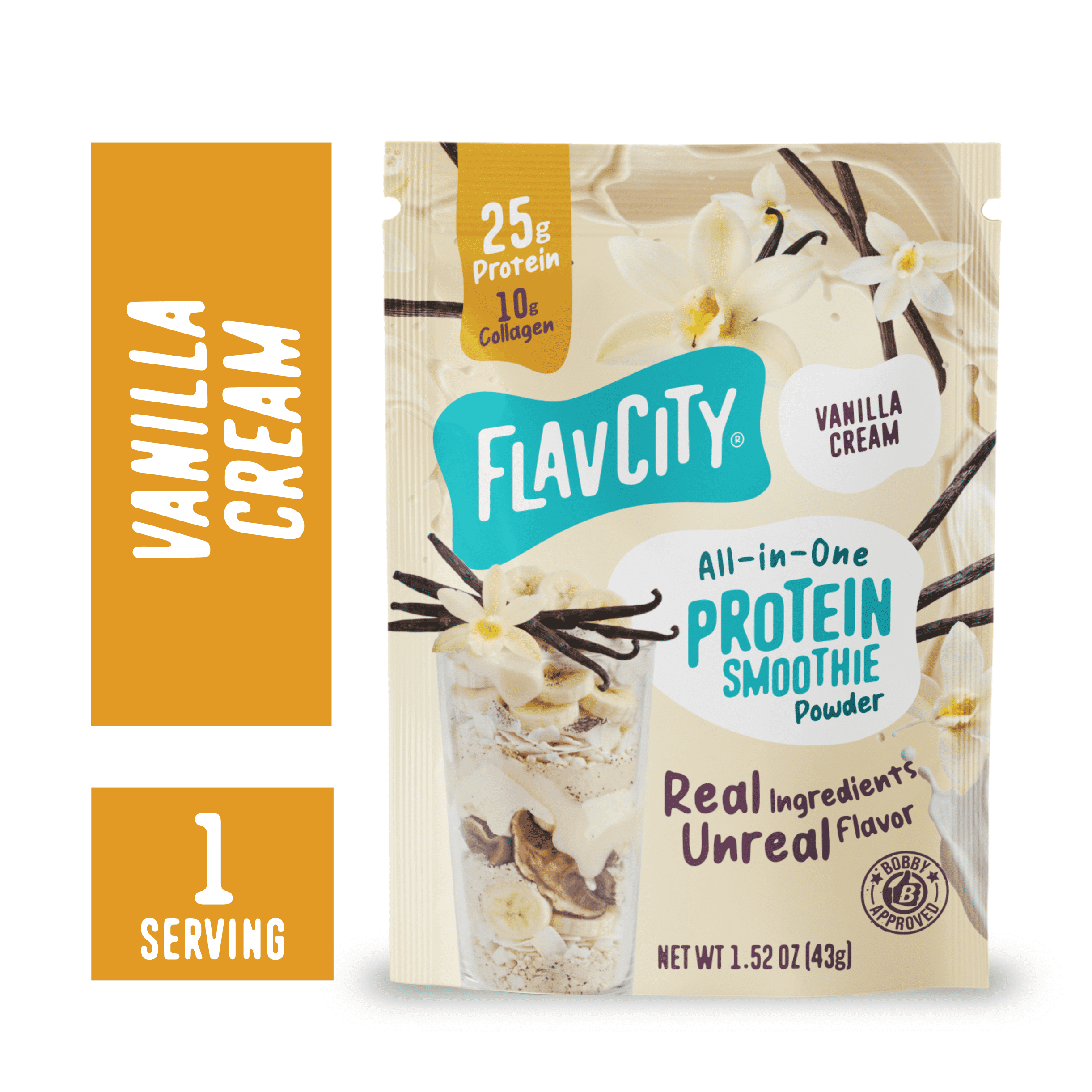FlavCity Single Serve Whey Protein Powder - Vanilla Cream - 25g Protein All-in-One Smoothie - 1.52oz