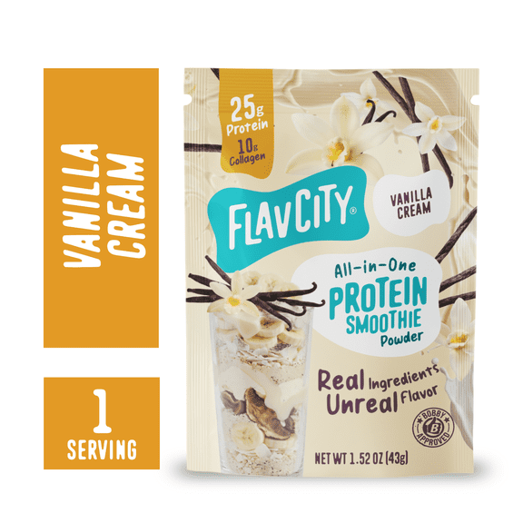 FlavCity Single Serve Whey Protein Powder - Vanilla Cream - 25g Protein All-in-One Smoothie - 1.52oz
