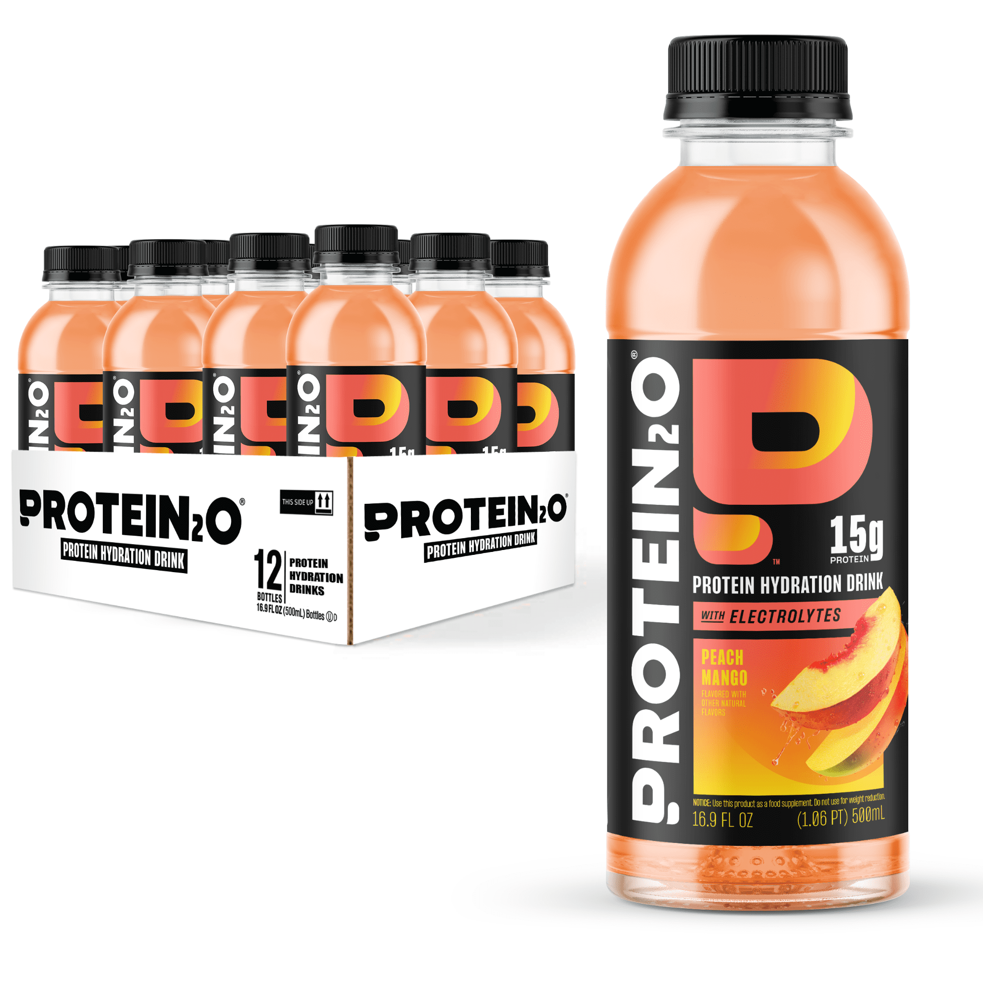 Protein2o 15g Whey Protein Isolate Hydration Drink, 350mg of Electrolytes, Vitamins B5 & B6, Low Sugar, Peach Mango, 16.9 oz Bottle (Pack of 12)
