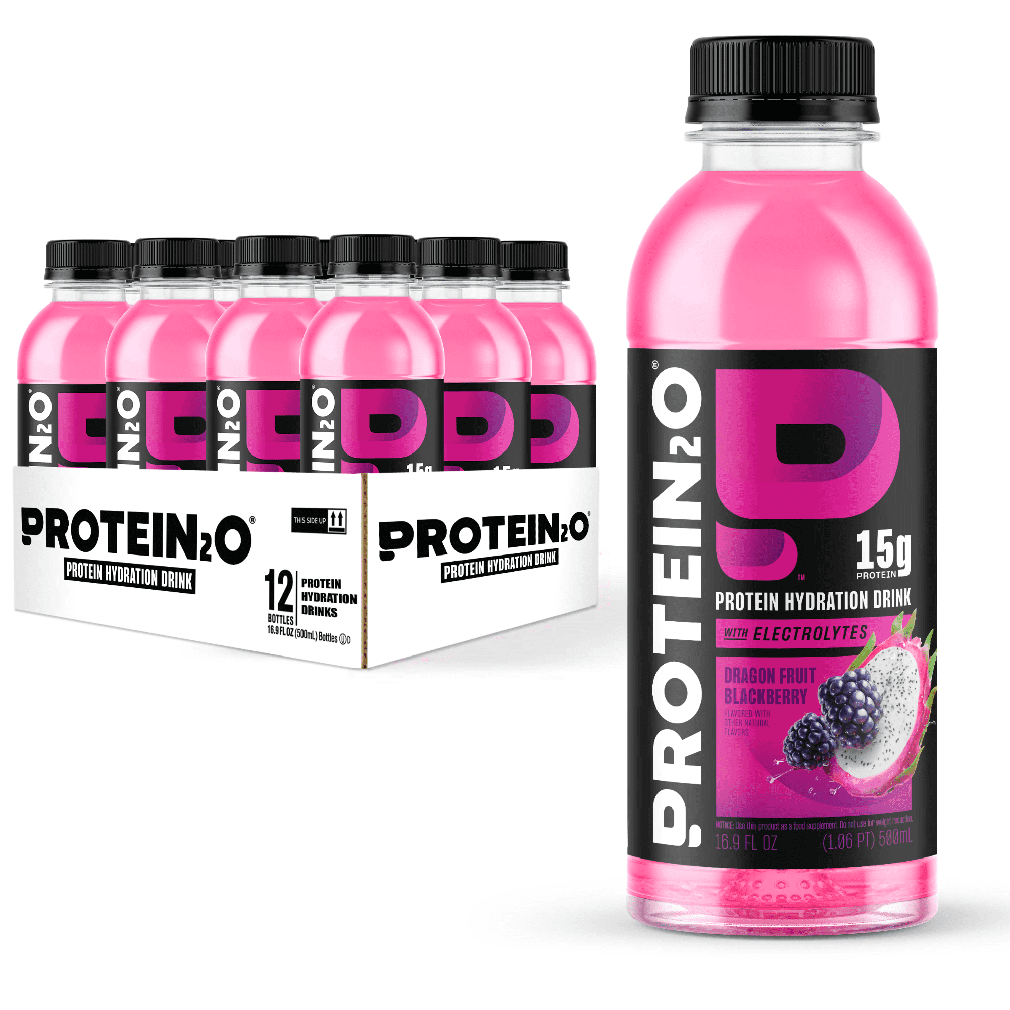 Protein2o 15g Whey Protein Isolate Hydration Drink, 350mg of Electrolytes, Vitamins B5 & B6, Sugar Free, Dragon fruit Blackberry, 16.9 oz Bottle (Pack of 12)