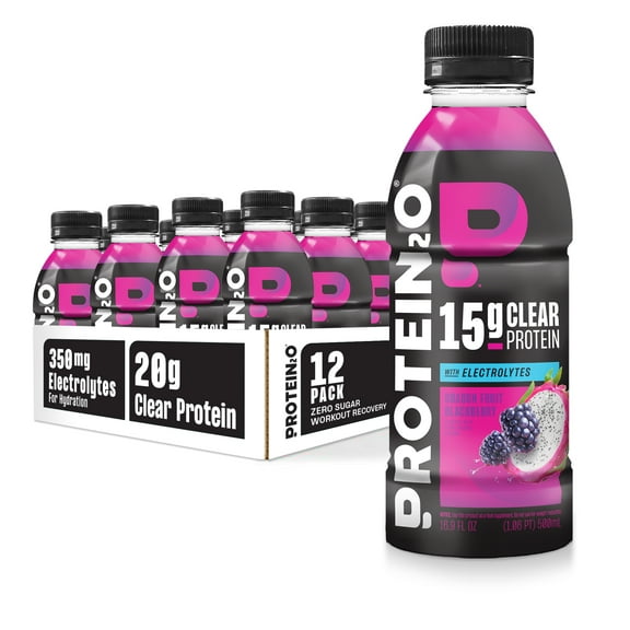 Protein2o 15g Whey Protein Isolate Hydration Drink, 350mg of Electrolytes, Vitamins B5 & B6, Sugar Free, Dragon fruit Blackberry, 16.9 oz Bottle (Pack of 12)
