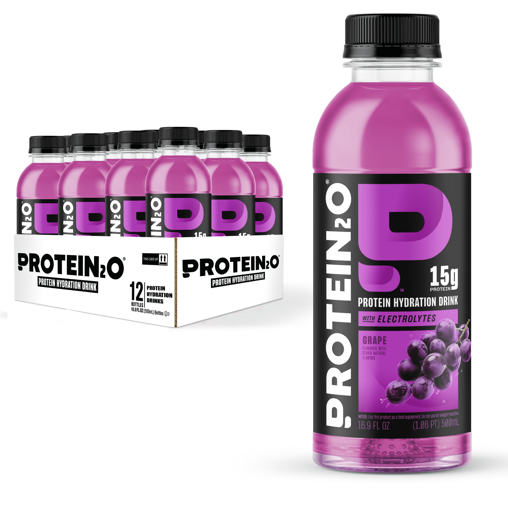 Protein2o 15g Whey Protein Isolate Hydration Drink, 350mg of Electrolytes, Vitamins B5 & B6, Sugar Free, Grape, 16.9 oz Bottle (Pack of 12)