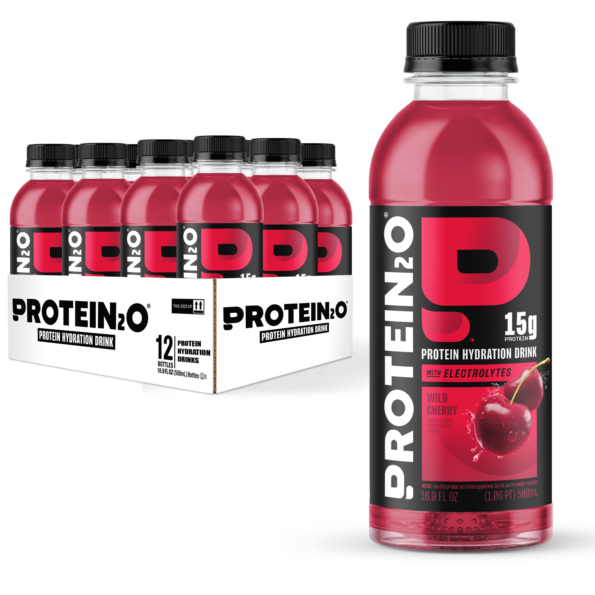 Protein2o 15g Whey Protein Isolate Hydration Drink, 350mg of Electrolytes, Vitamins B5 & B6, Sugar Free, Wild Cherry, 16.9 oz Bottle (Pack of 12)