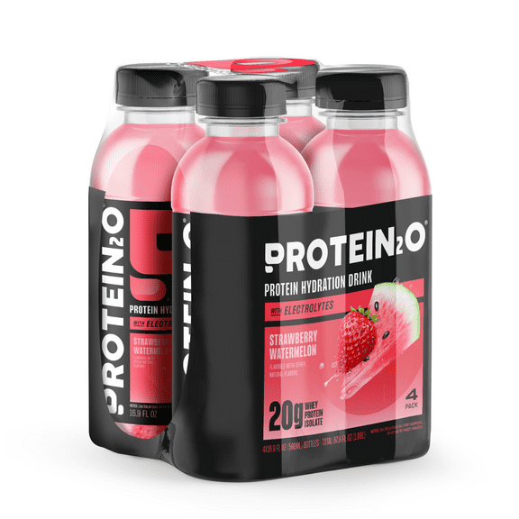 Protein2o 20g Whey Protein Isolate Hydration Liquid Drink, 350mg of Electrolytes, Vitamins B5 & B6, Sugar-Free, Strawberry Watermelon, 16.9 oz Bottle (Pack of 4)