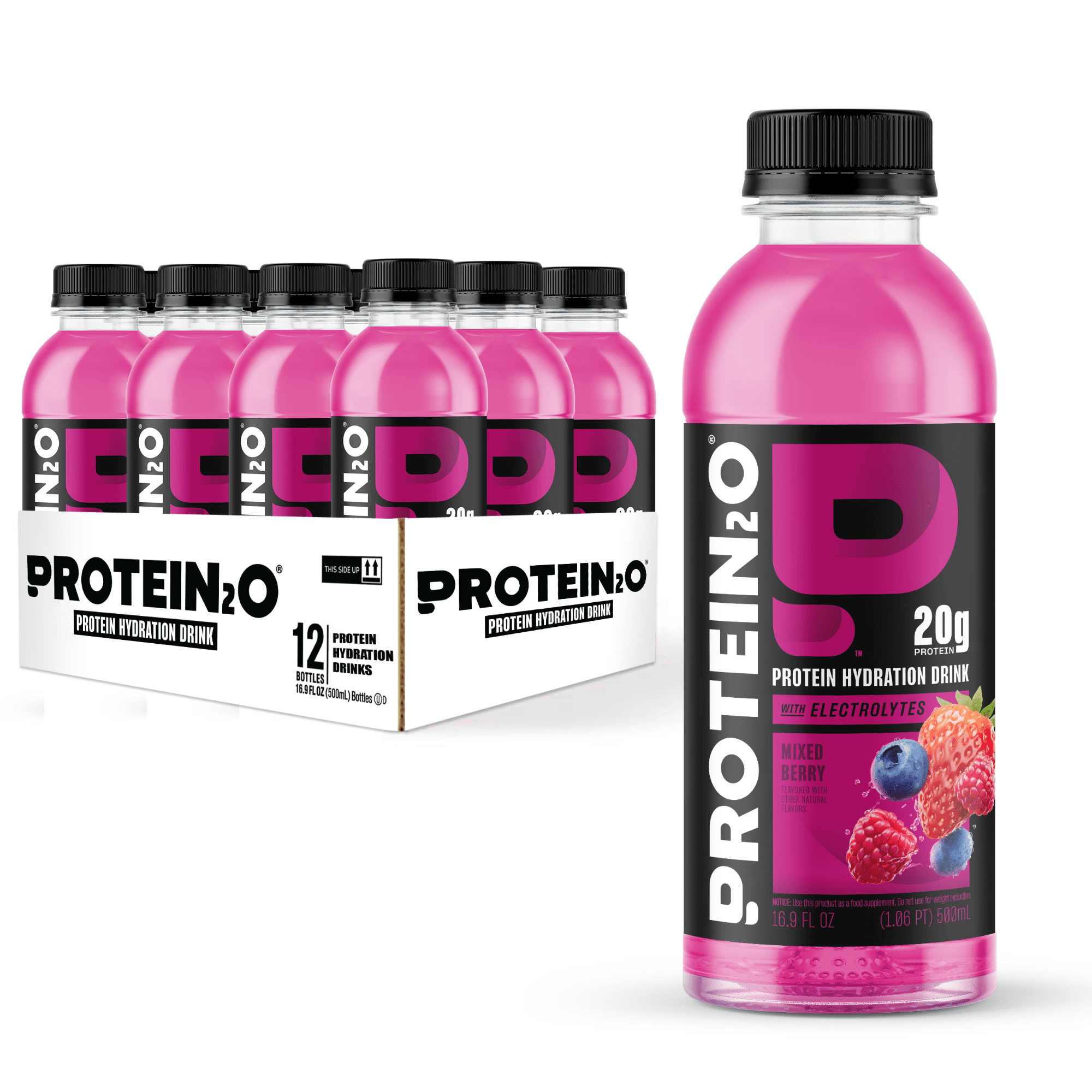 Protein2o 20g Whey Protein Isolate Hydration Drink, 350mg of Electrolytes, Vitamins B5 & B6, Sugar Free, Mixed Berry, 16.9 oz Bottle (12 Count)