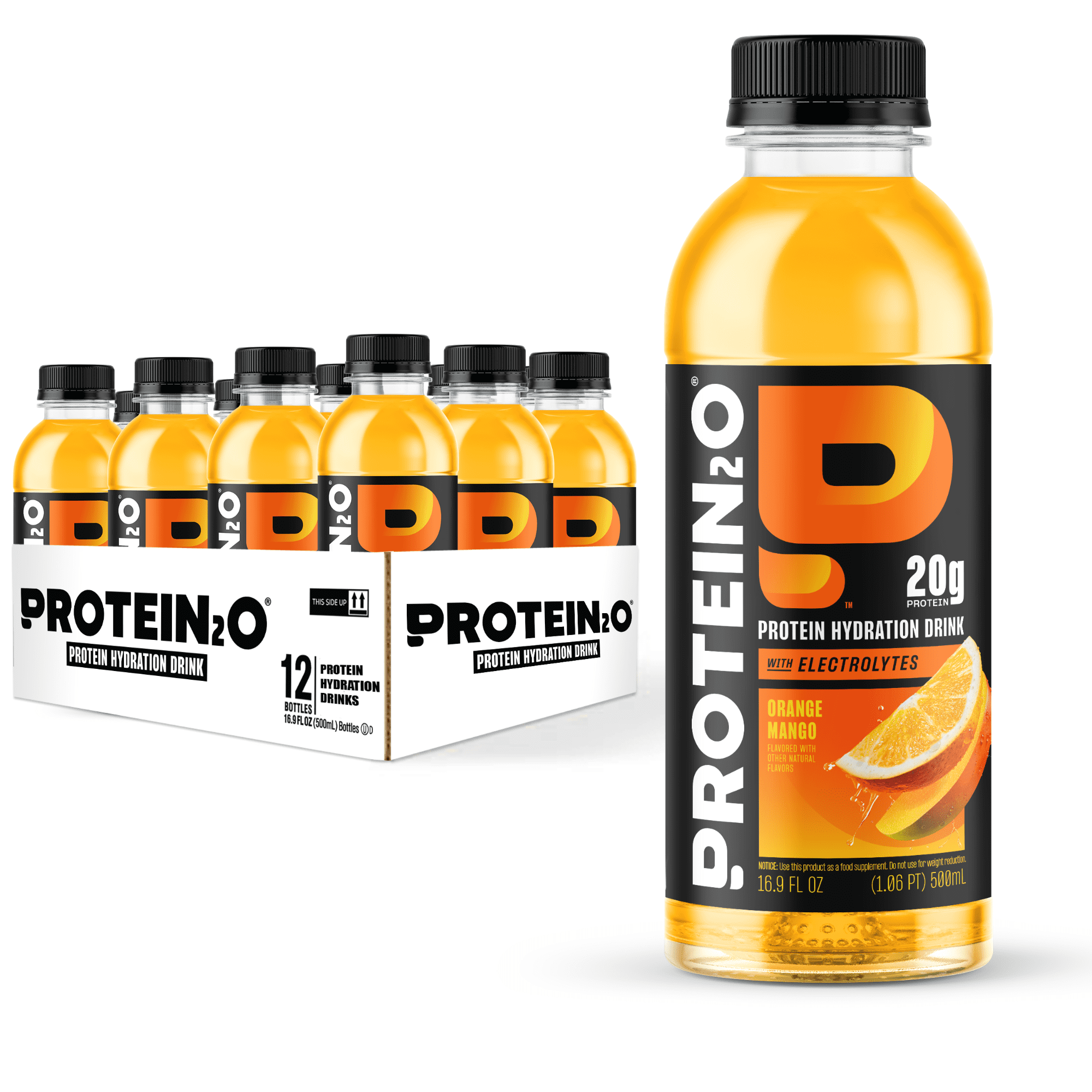 Protein2o 20g Whey Protein Isolate Hydration Drink, 350mg of Electrolytes, Vitamins B5 & B6, Sugar Free, Orange Mango, 16.9 oz Bottle (12 Count)